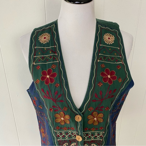 VTG 80s 90s Solutions Green Blue Floral Embroidered Vest Size Large Boho Grunge - Picture 3 of 15